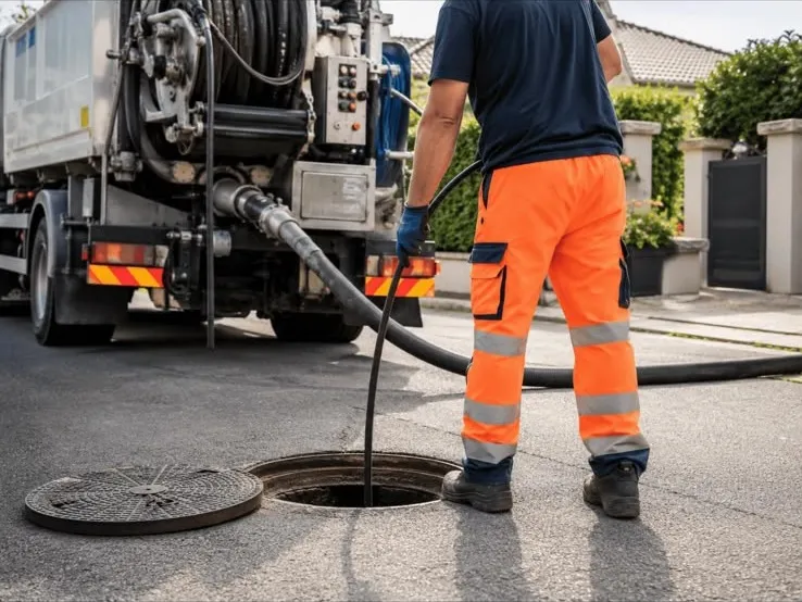 Camion aspirateur branché sur une chambre de visite ouverte