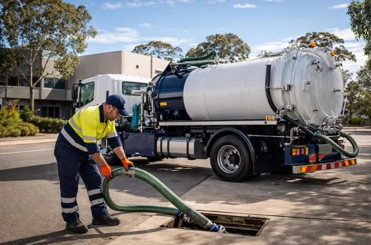 Camion de vidange et flexible d'aspiration dans un avaloir